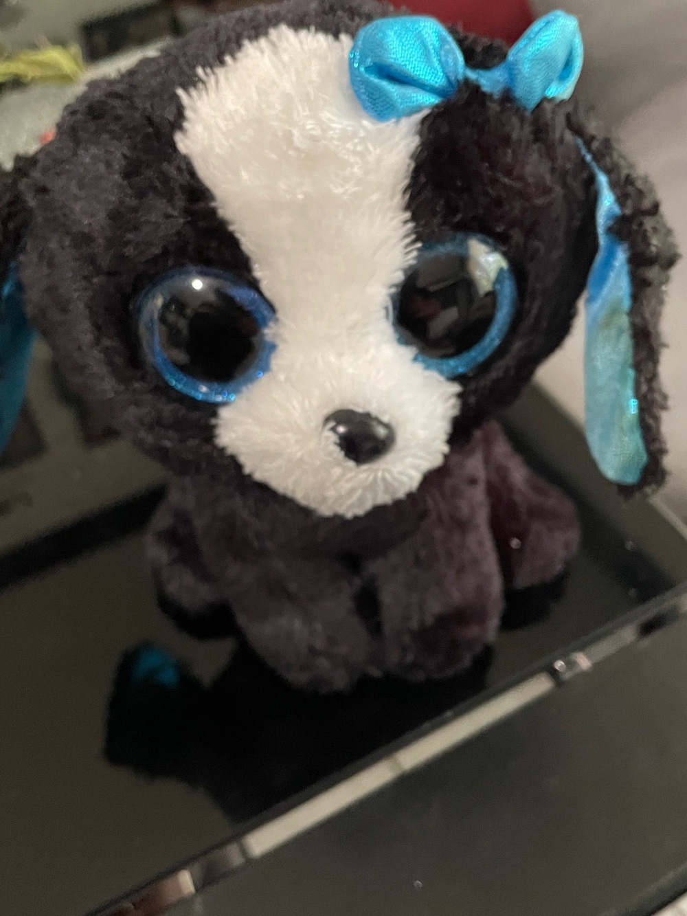 Ty Black and White Plush Puppy with Blue Accents